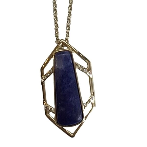 WHBM White House Black Market Pendant Necklace Natural Stone Sodalite Gold Tone - Picture 2 of 3